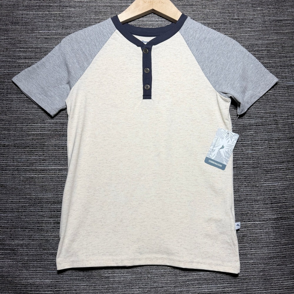 Tommy Bahama Henley Shirt Boys M (7/8) Cream SS Raglan Heathered 3-Button Logo